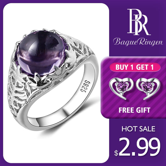 Bague Ringen Vintage 100% 925 Sterling Silver Round Natural Amethyst Wedding Engagement Rings For Women Fine Jewelry Size 6-10
